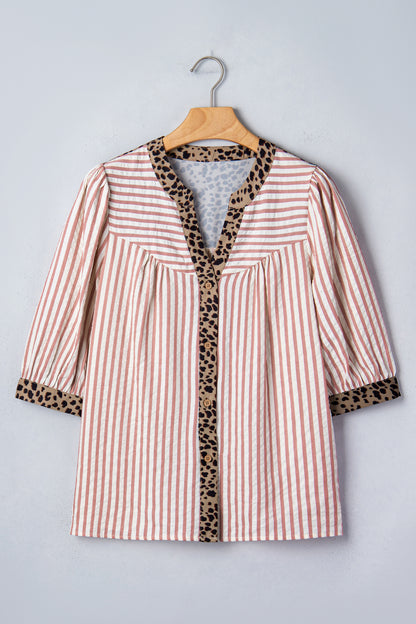 Stripe Leopard Trim V-Neck Buttoned Short Sleeve Shirt
