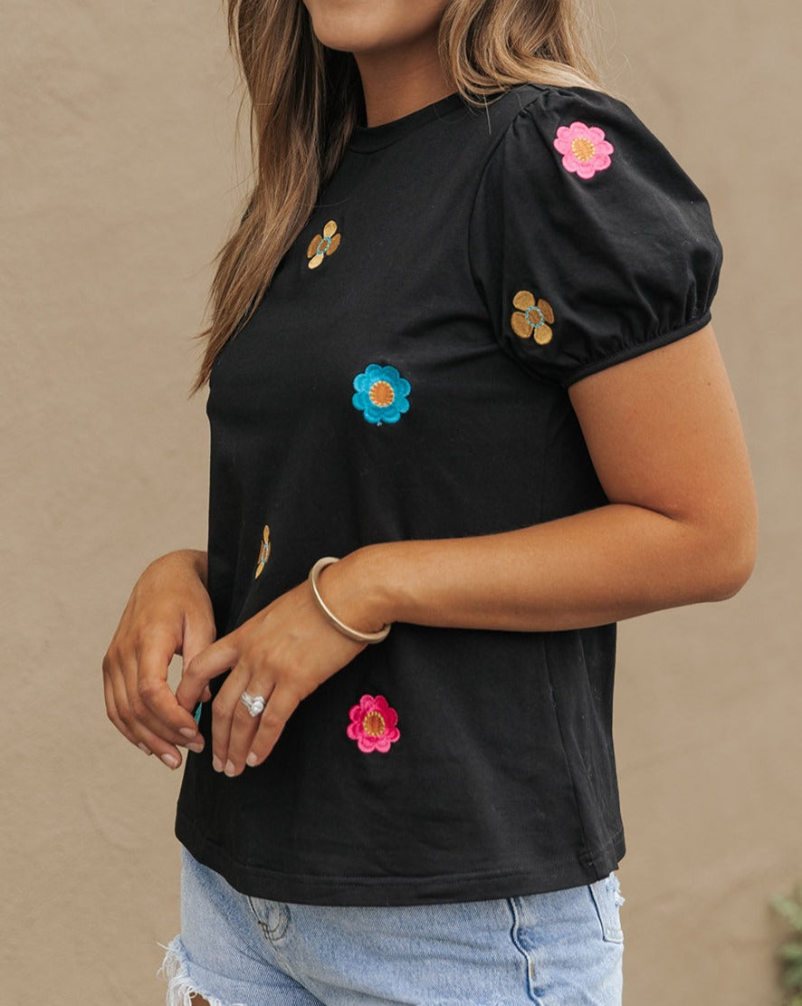 Floral Embroidered Puff Sleeve Tee