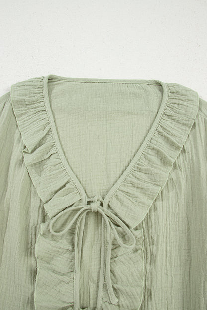 Solid Tie Front V-Neck Ruffle Trim Blouse