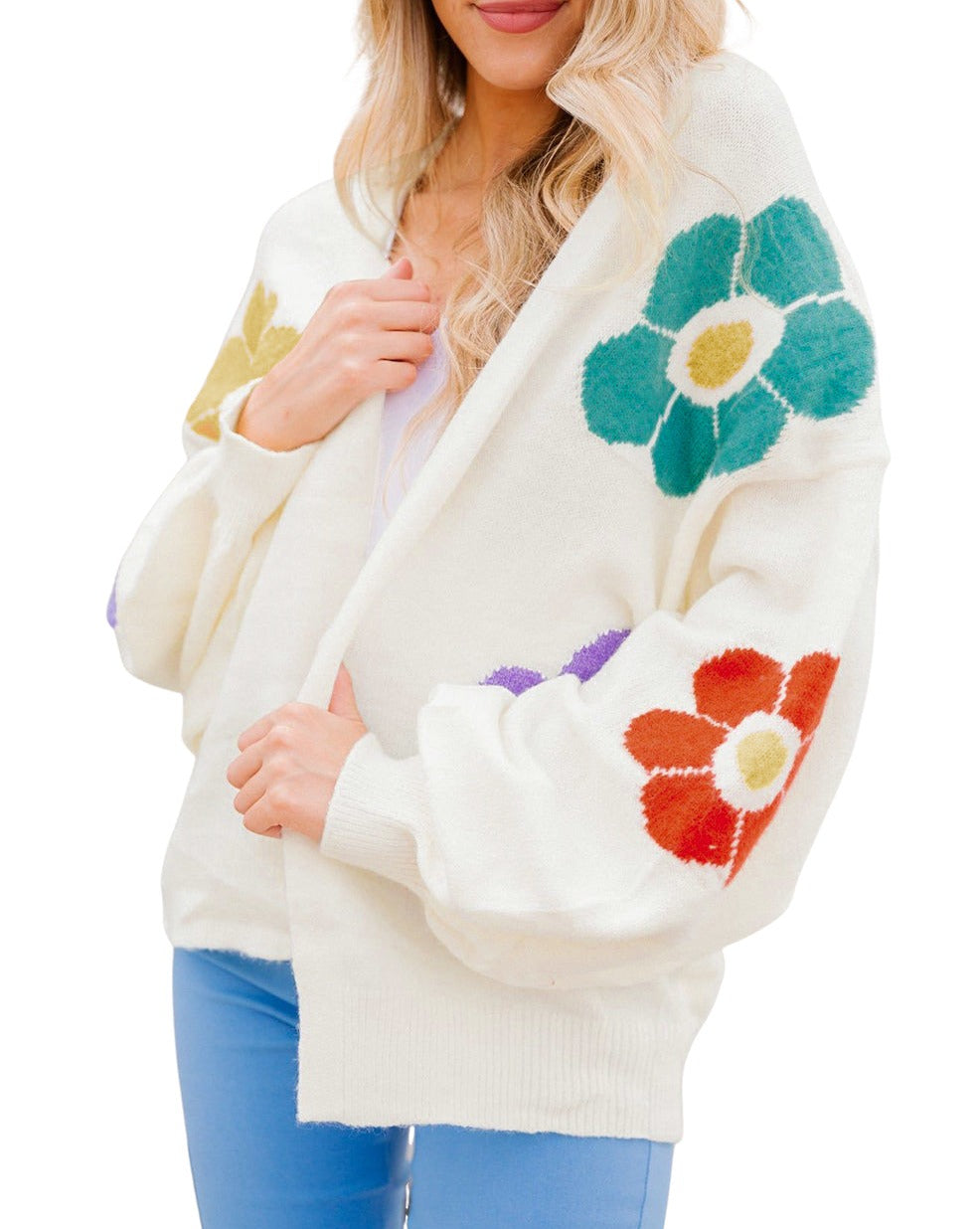 Floral Jacquard Bubble Sleeve Cardigan