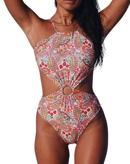 Floral O-Ring Backless Swimsuit