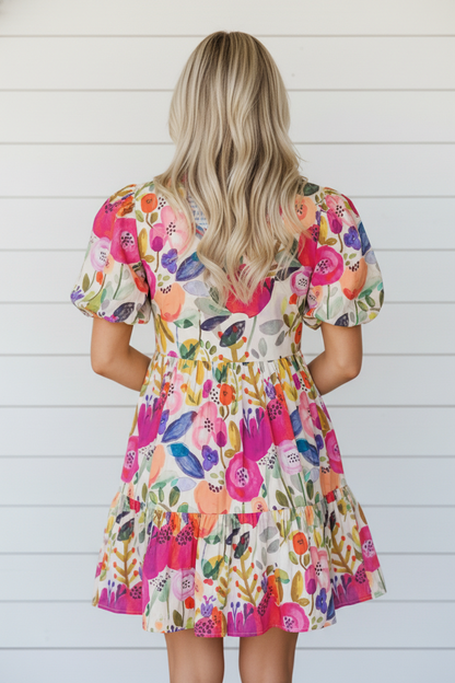 Floral Ricrac Trim Stripe Patchwork V-Neck Dress
