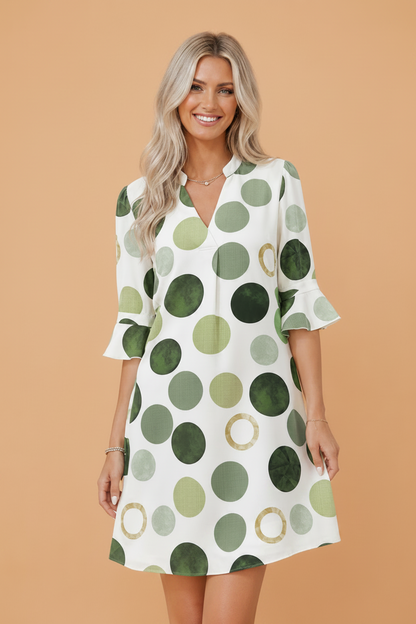 Polka Dot Flounced 3/4 Sleeve Mini Dress