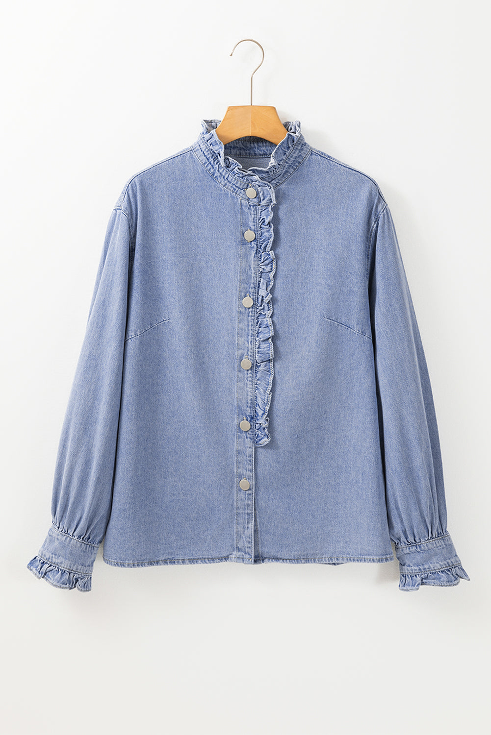 Denim Ruffle Long Sleeve Buttoned Shirt