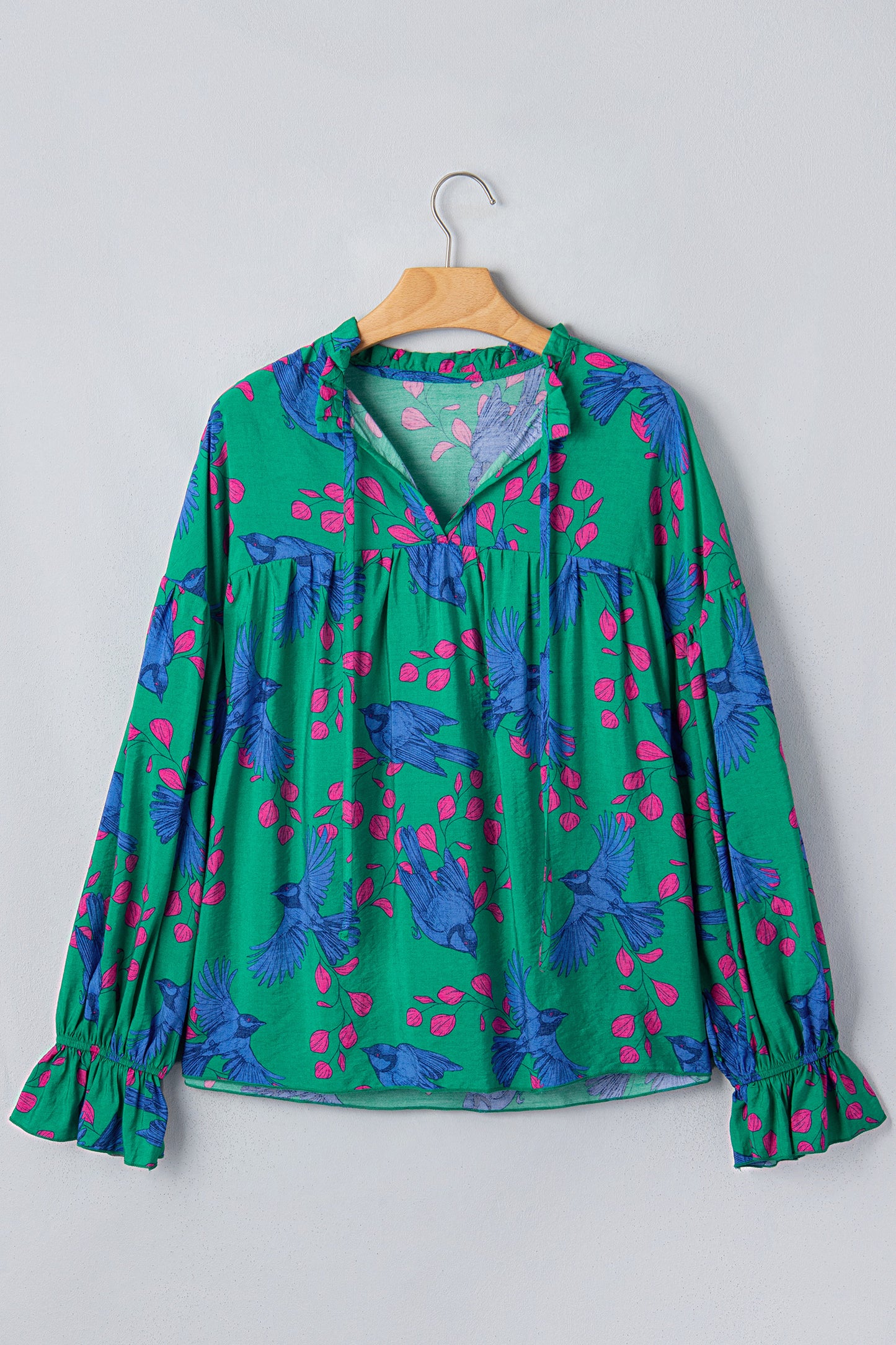 Abstract Floral Bird V-Neck Flounced Puff Sleeve Blouse