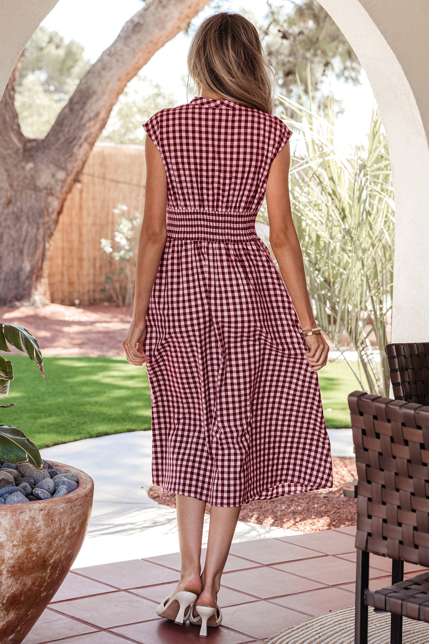 Gingham Plaid Zipped Cinched Waist Maxi Dress