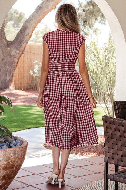 Gingham Plaid Zipped Cinched Waist Maxi Dress