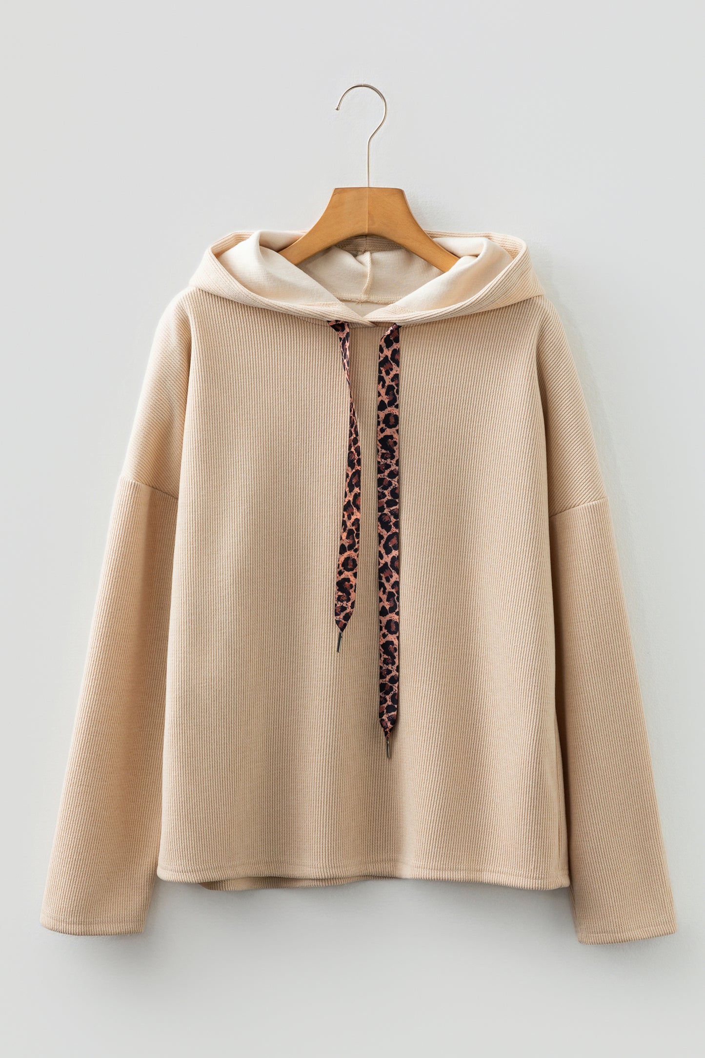 Ribbed Knit Leopard & Lace Drawstring Hoodie