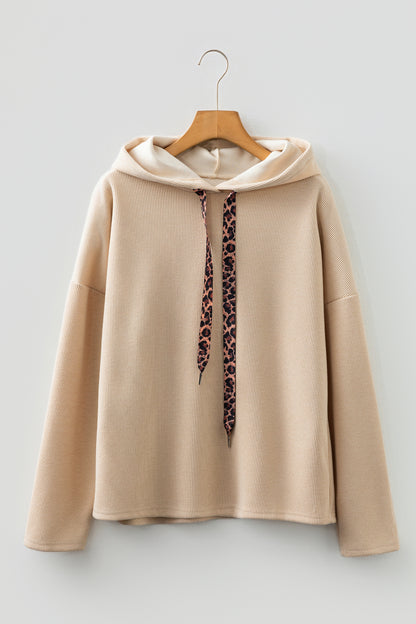 Ribbed Knit Leopard & Lace Drawstring Hoodie