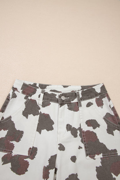 Western Cow Spot Cargo Pocket Straight Leg Jeans