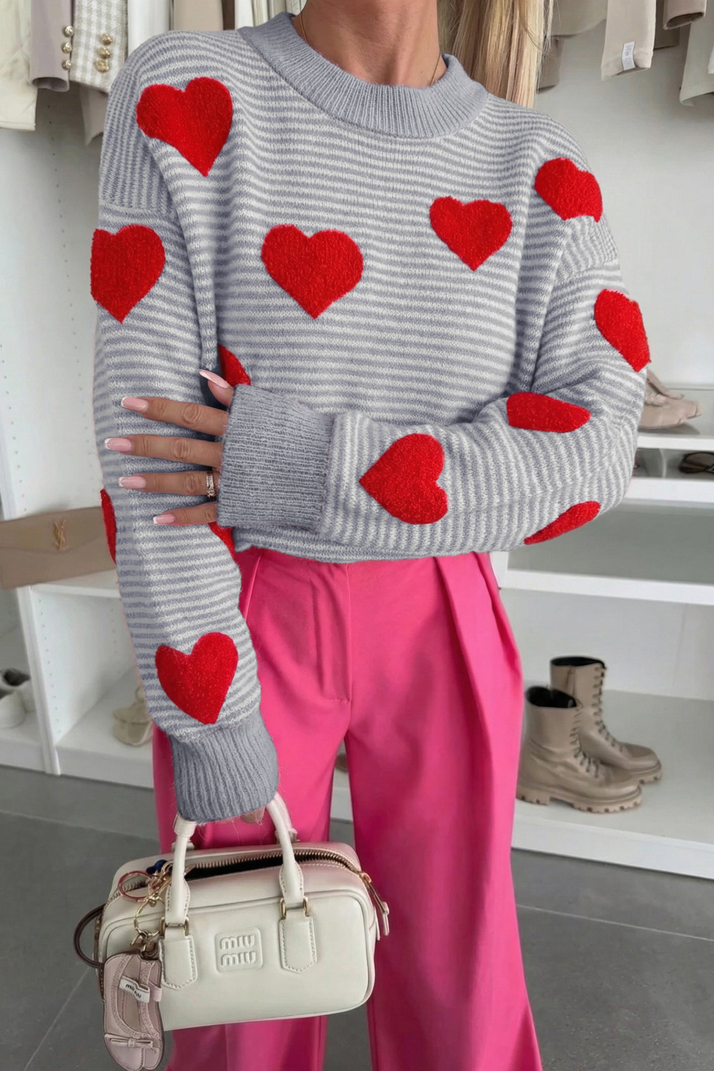 Valentine Heart Stripe Drop Shoulder Sweater