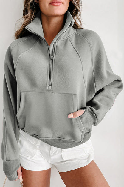 Solid Fleece-Lined Half-Zip Up Collar Sweatshirt