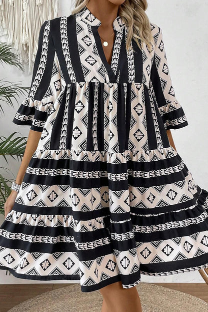 Geometric V-Neck Ruffle Dress