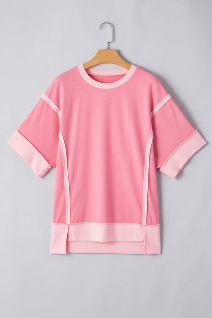Colorblock 3/4 Sleeve Raw Seam High-Low Top