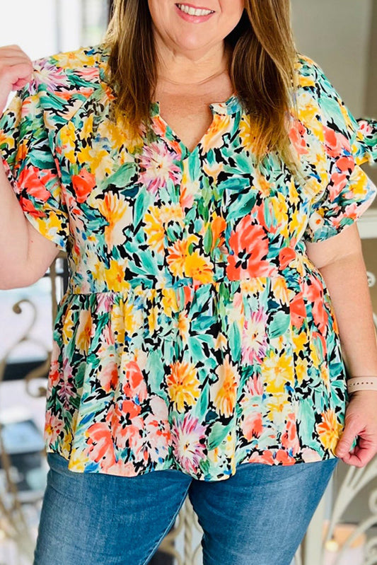 Floral Ruffle Short Sleeve Blouse Plus Size