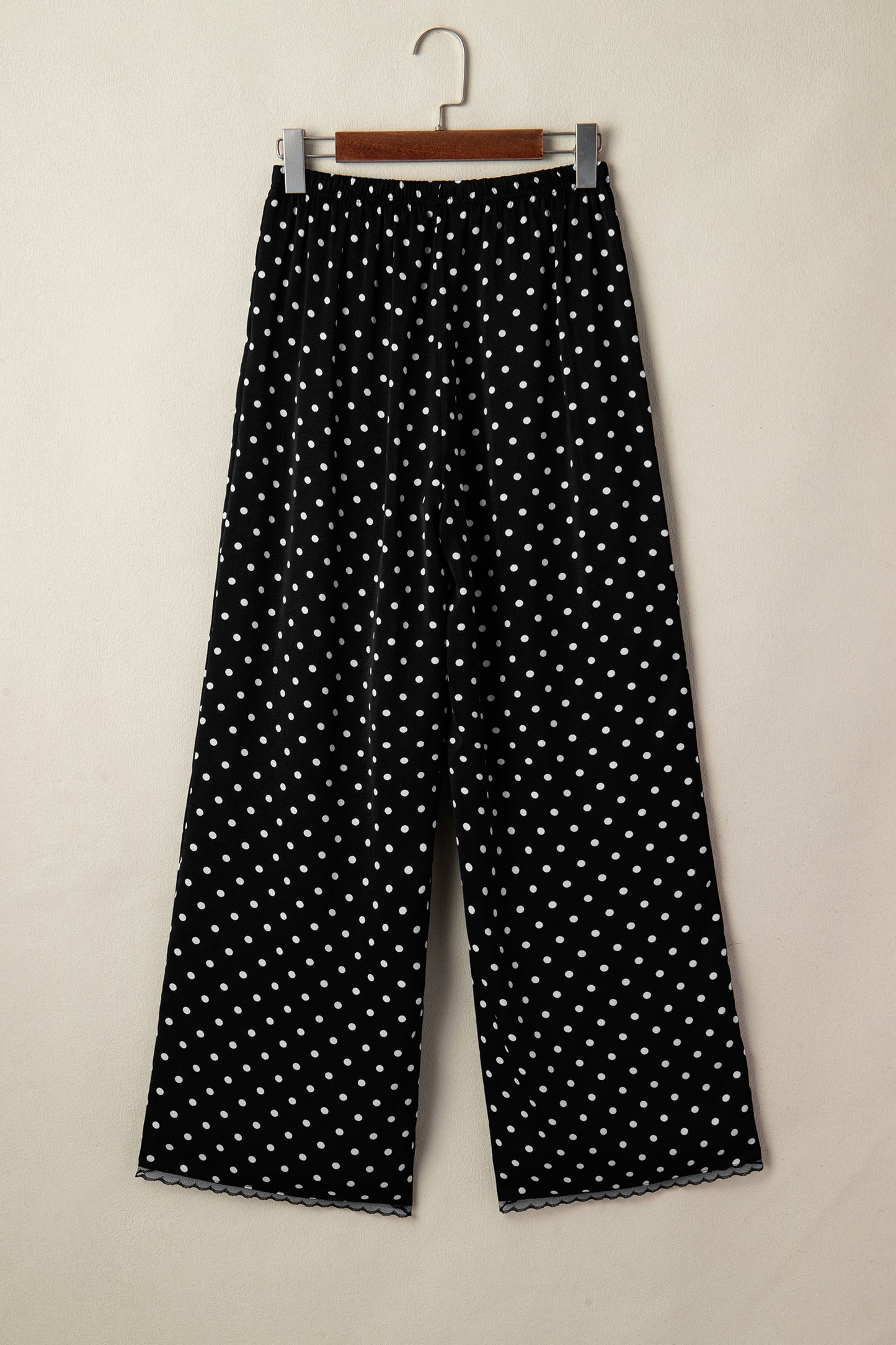 Polka Dot Elastic Waist Lace Hem Pants