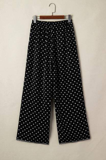 Polka Dot Elastic Waist Lace Hem Pants
