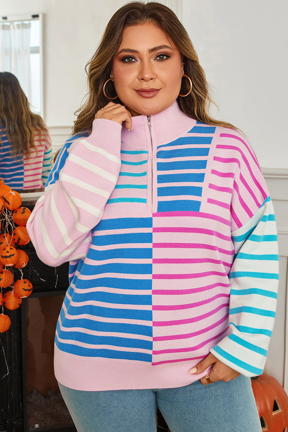 Plus Size Stripe Colorblock Half Zip Sweater