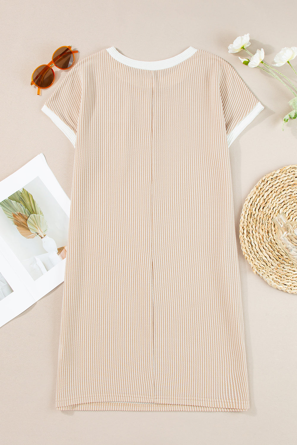 Colorblock Corded Knit Chest Pocket T-Shirt Dress