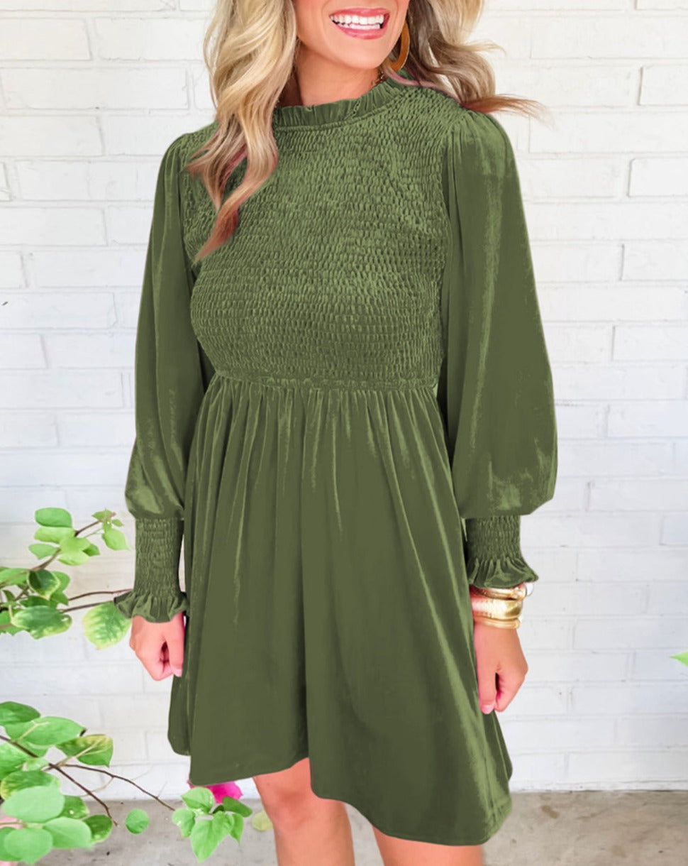 Velvet Smocked Puff Sleeve Dress