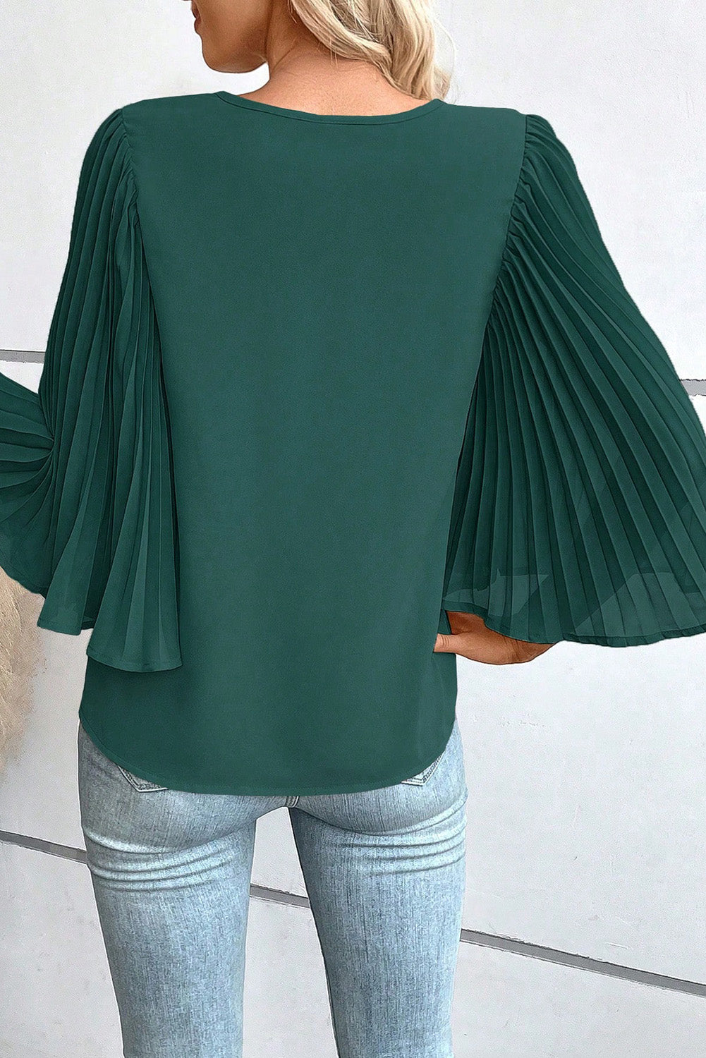 Pleated 3/4 Bell Sleeve Blouse