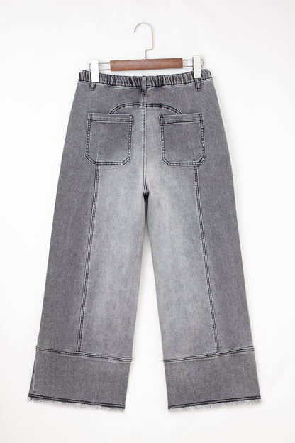Denim Raw Hem Drawstring Wide Leg Pants