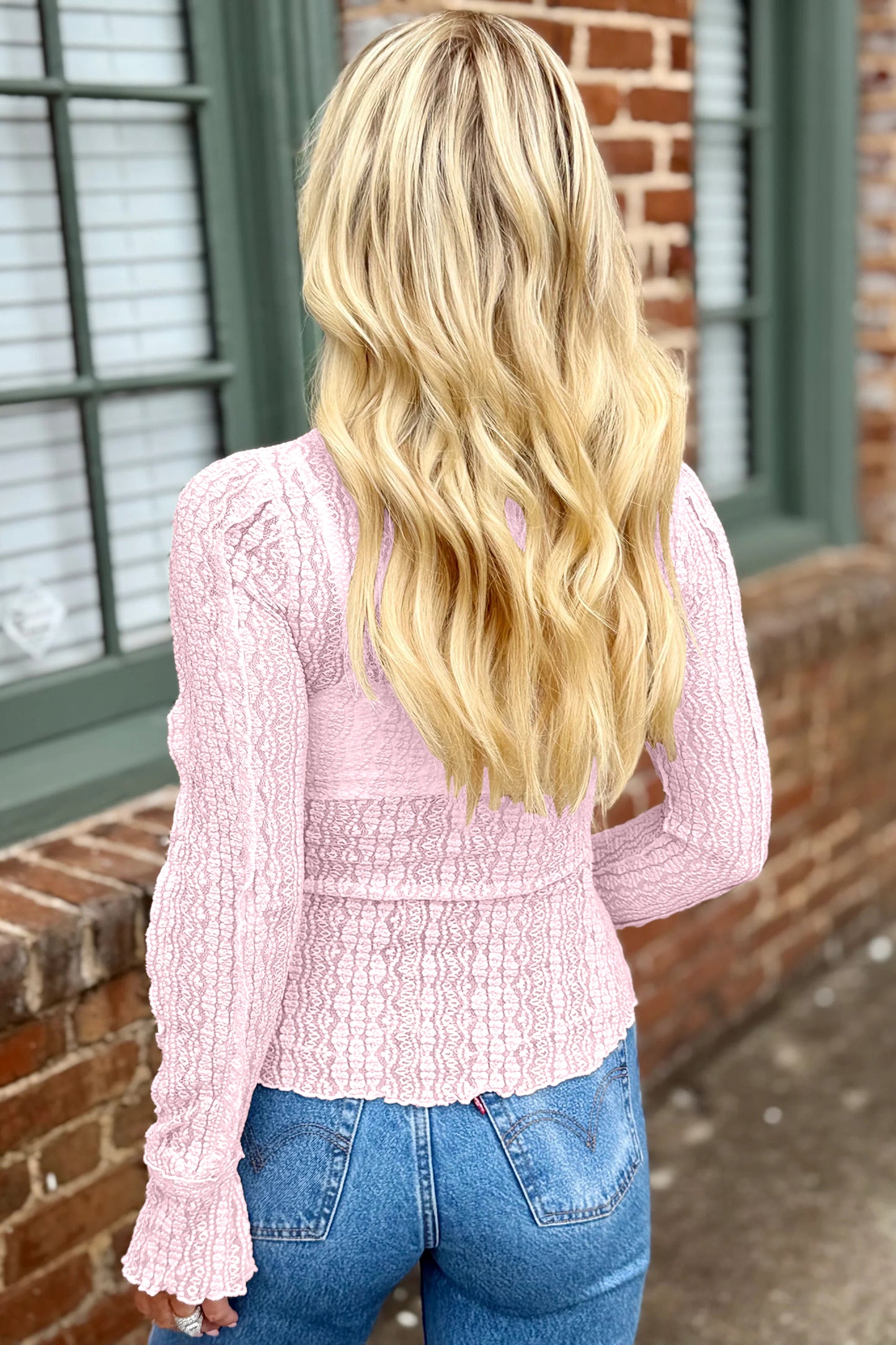 Lace Mock Neck Flounce Long Sleeve Top