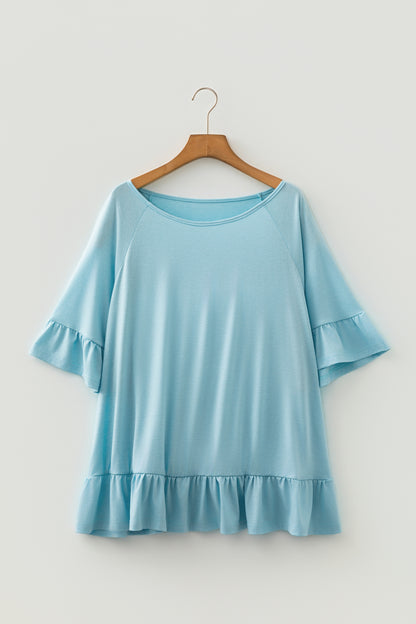 Plus Size Solid Ruffle Short Sleeve Blouse