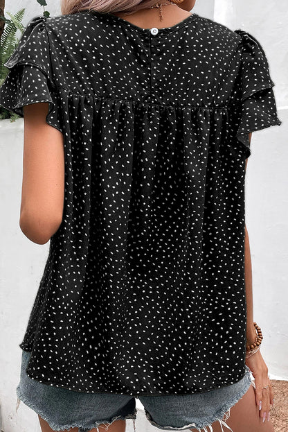 Dotted Ruffle Sleeve Ruched Blouse