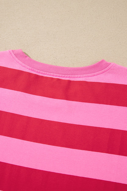 Stripe Cuffed Short Sleeve T-Shirt Long Dress w/ Pockets