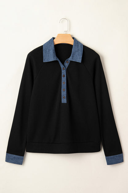 Denim Patchwork Textured Knit Polo Collar Top