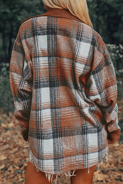 Plaid Corduroy Patchwork Pocketed Shacket