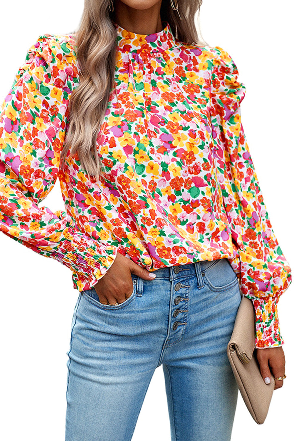 Floral Ruched Puff Sleeve Blouse