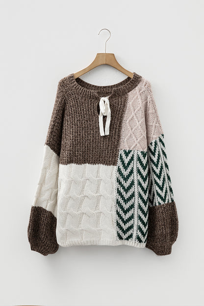 Colorblock Cable Knit Patchwork Tied Back Sweater