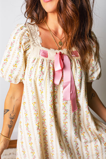 Floral Contrast Ribbon Bow Lace Square Mini Dress