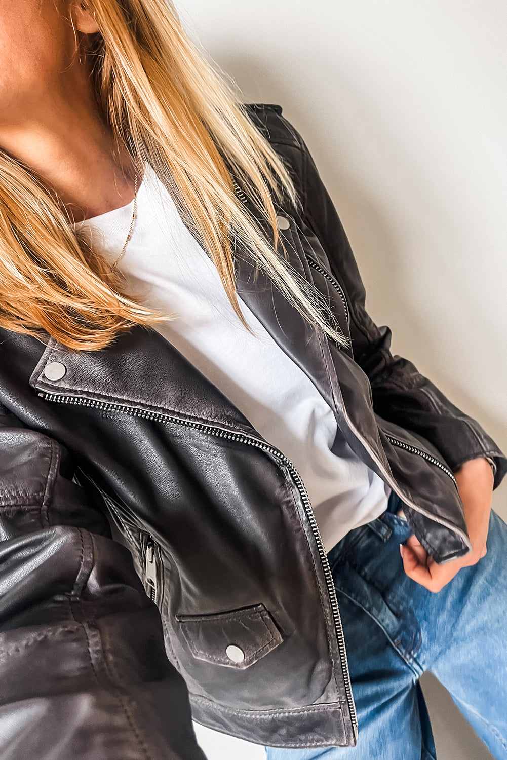 Leather Lapel Collar Zip Up Jacket