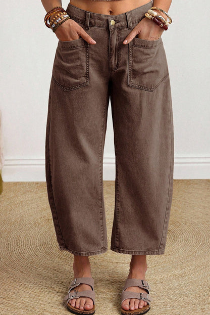Solid Denim Patch Pocket Barrel Leg Jeans