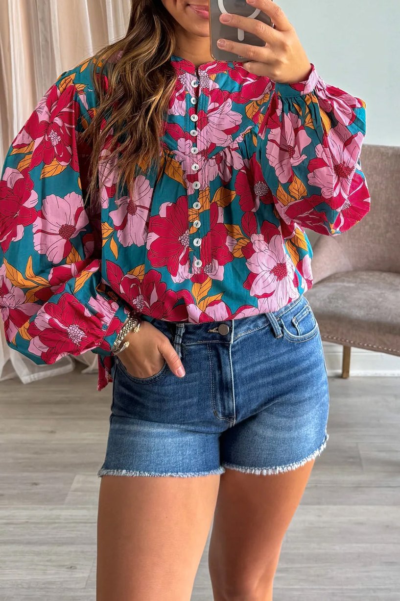 Floral Balloon Sleeve Buttoned Blouse