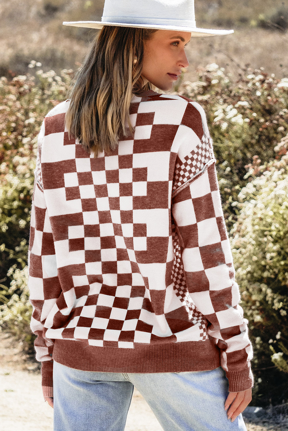 Checker Round Neck Drop Shoulder Sweater