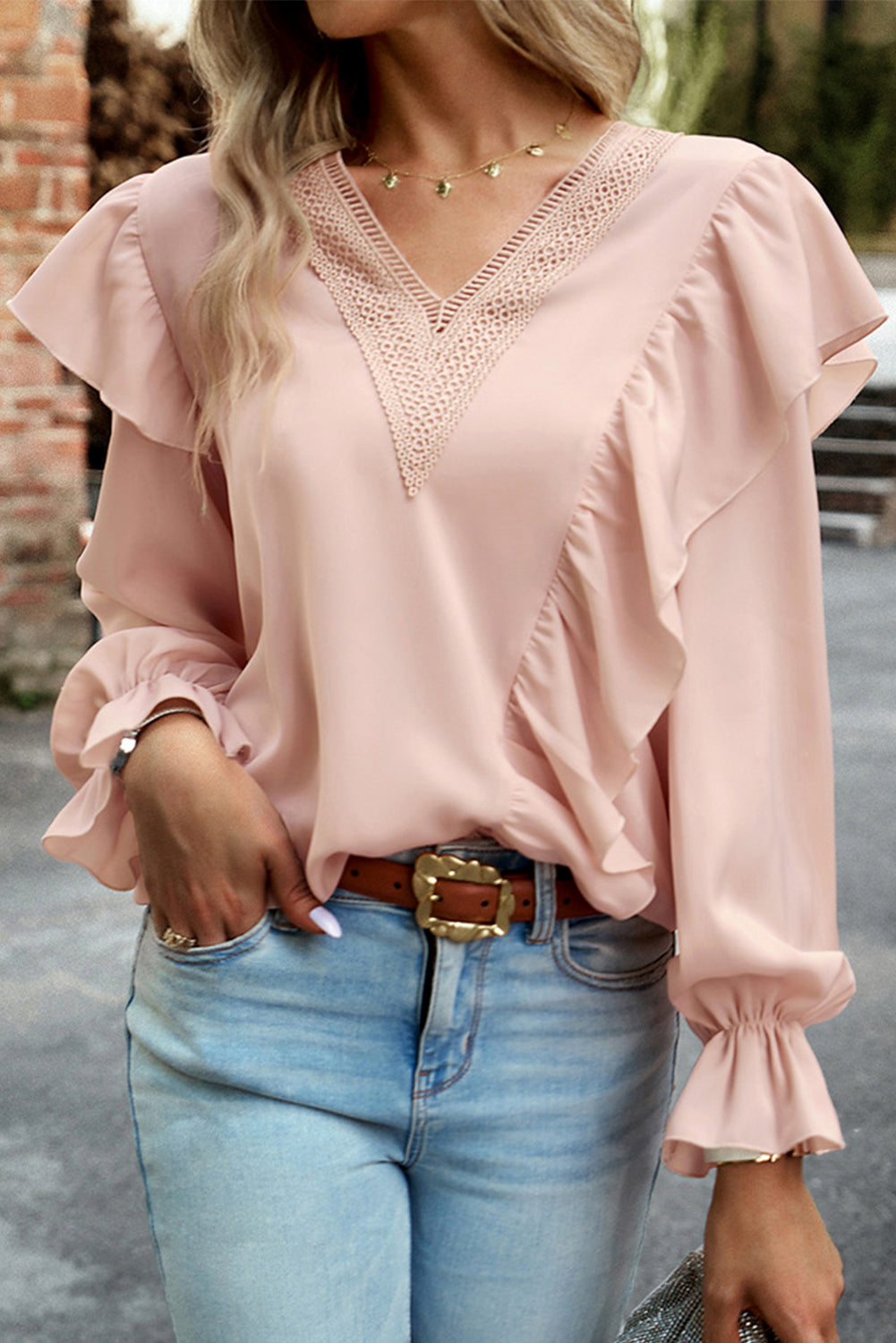 Ruffle Lace Trimmed V-Neck Blouse