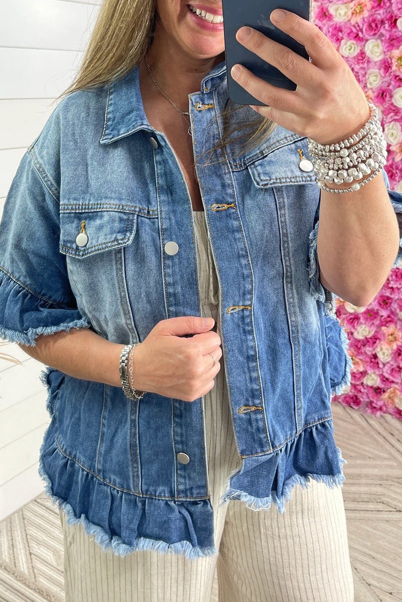 Denim Ruffle Sleeve Jacket Plus Size