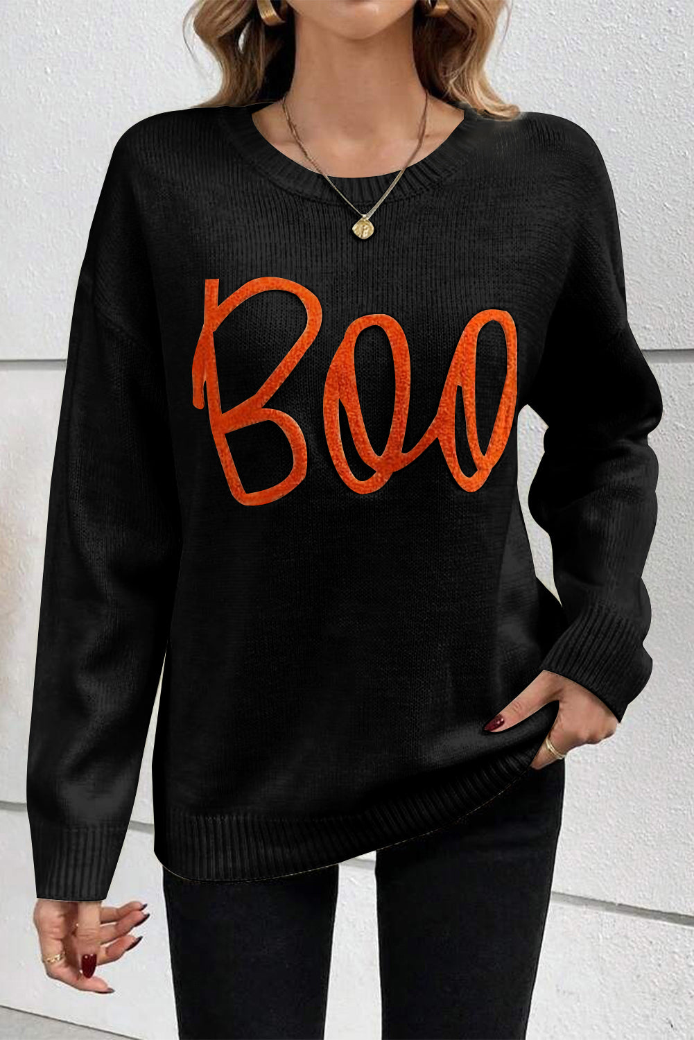 Boo Ribbed Trim Drop Shoulder Sweater