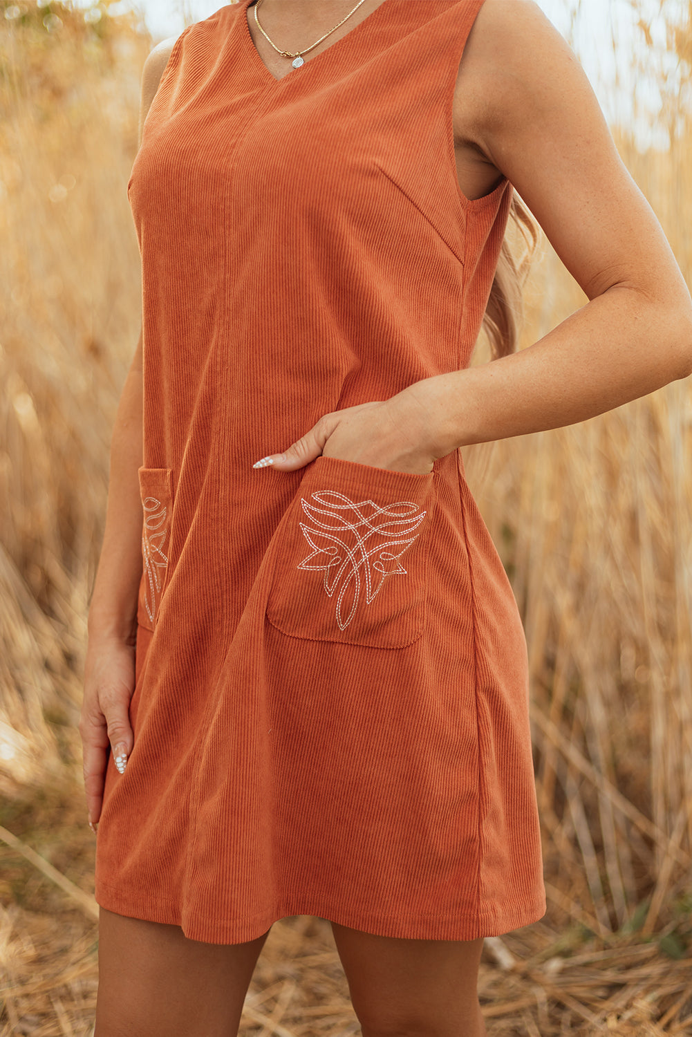 Western Corduroy Embroidered Patch Pocket Mini Dress