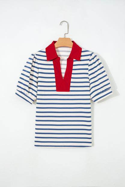 Stripe Colorblock Puff Sleeve Polo Collar Blouse