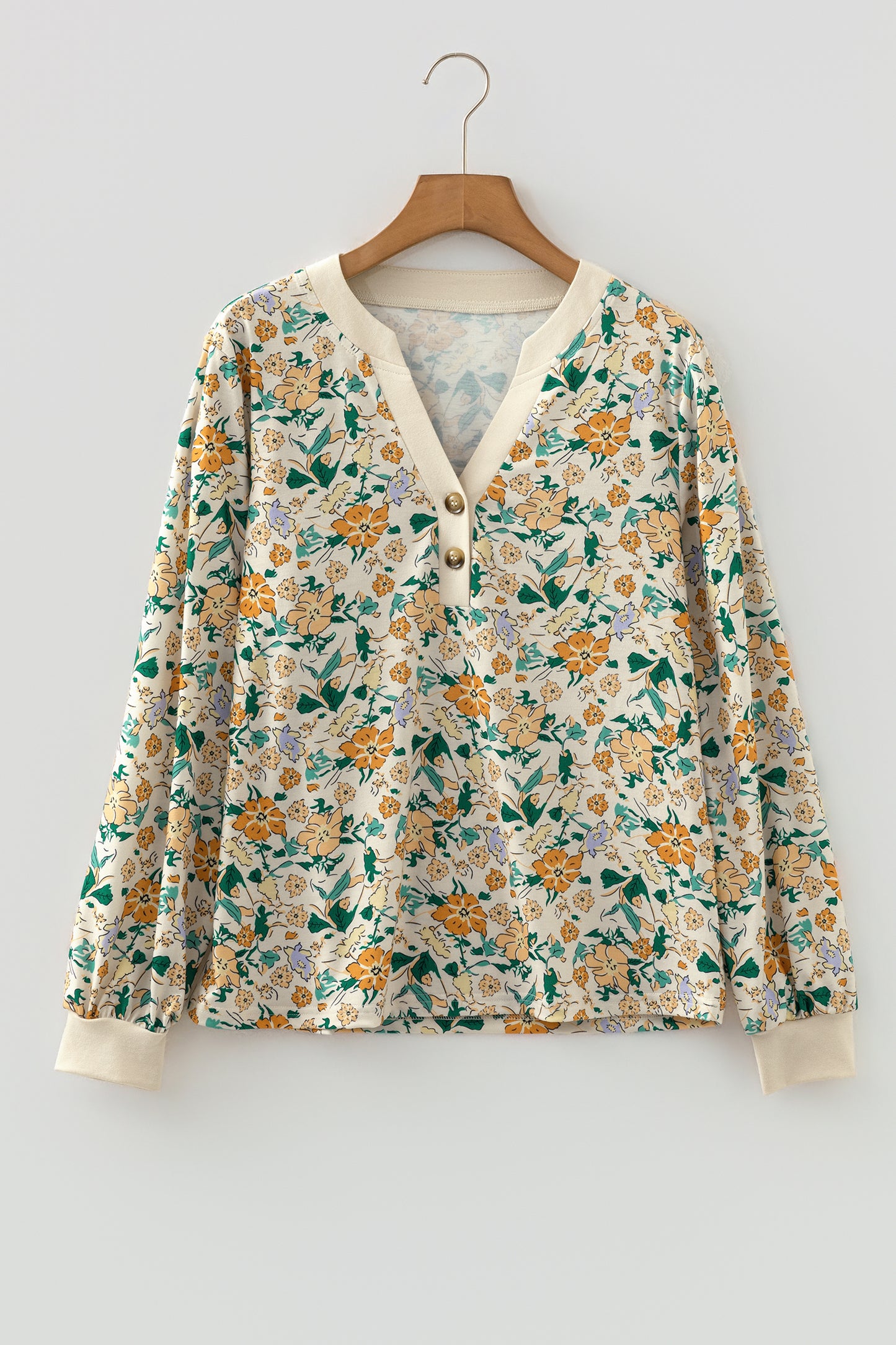 Floral Button Notch V-Neck Long Sleeve Top