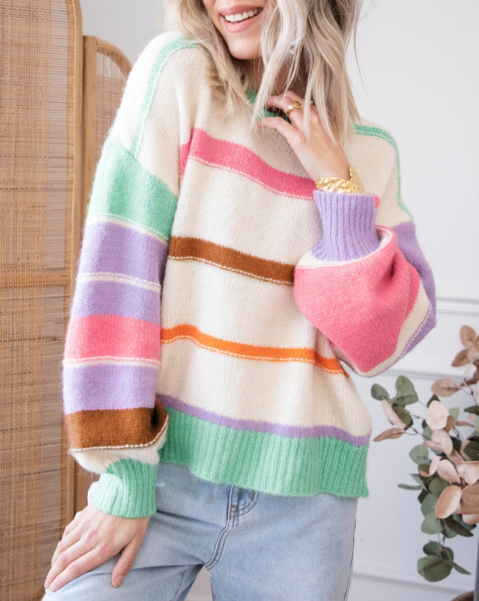 Multicolor Stripe Puff Sleeve Sweater