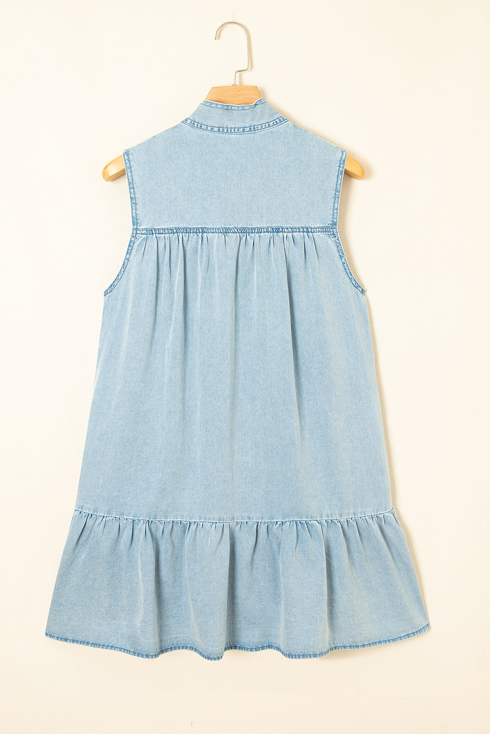 Chambray Bow Neck Sleeveless Ruffle Dress
