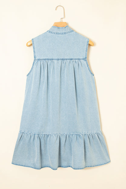 Chambray Bow Neck Sleeveless Ruffle Dress