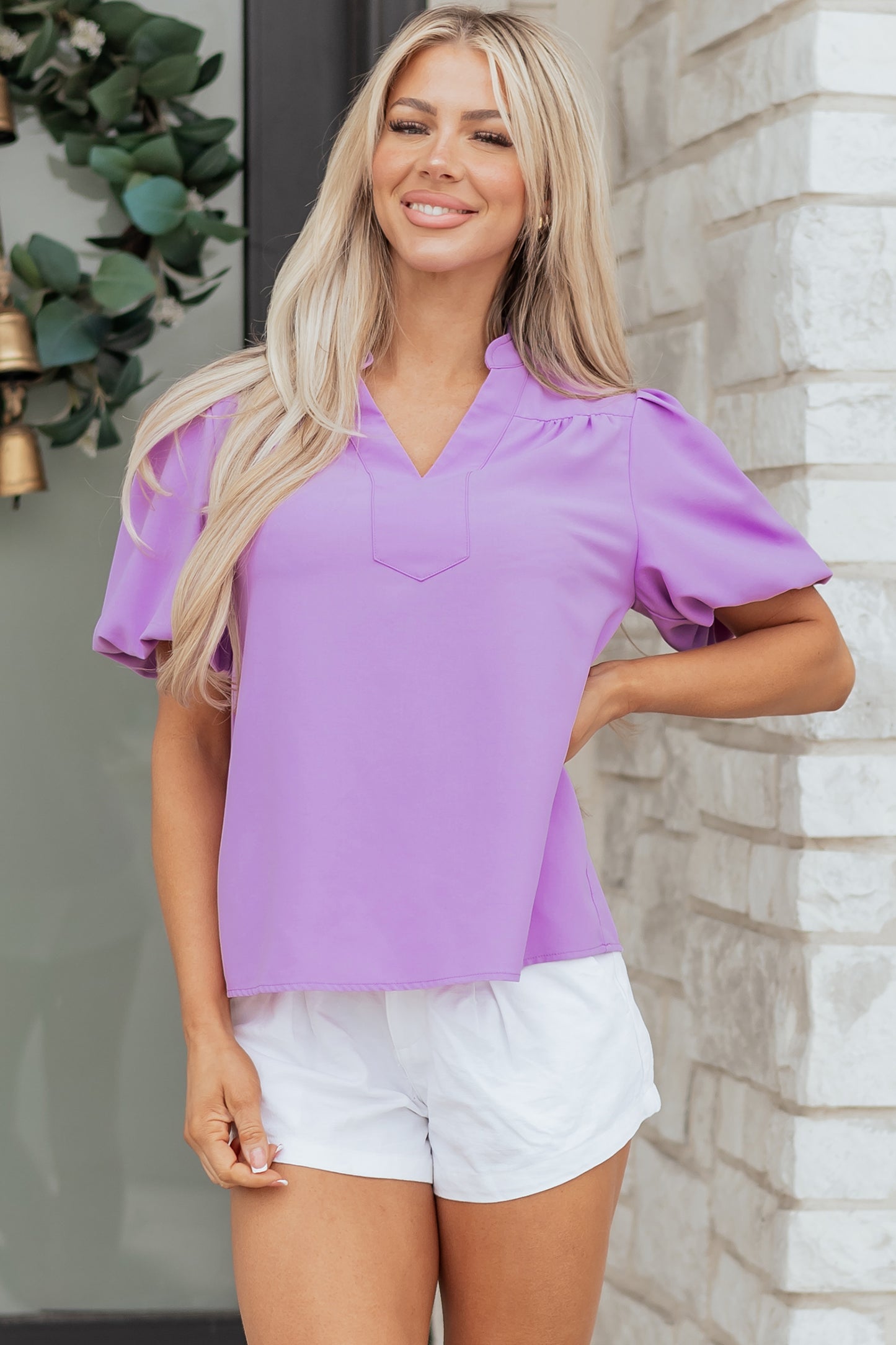 Solid Puff Sleeve Notched V-Neck Blouse