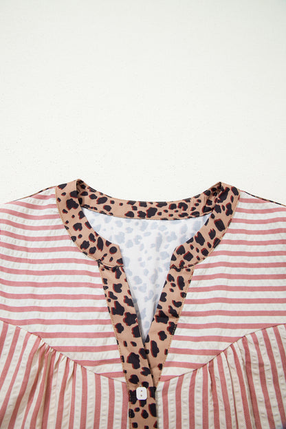 Stripe Leopard Trim 3/4 Sleeve Shirt Dress